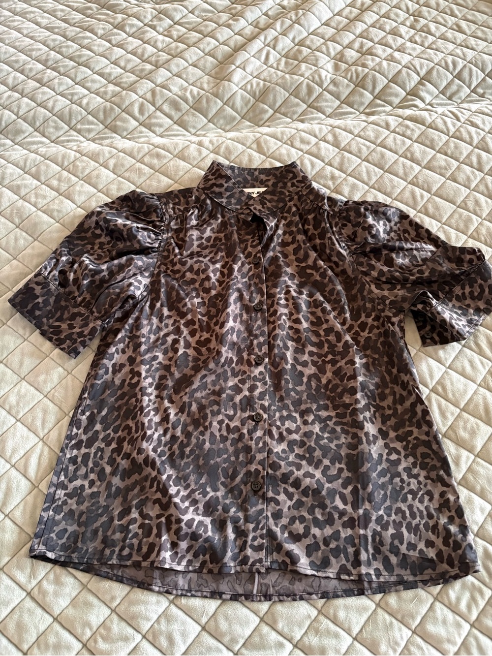 Satin Leopard Print Button-Up Blouse - Gray/Black